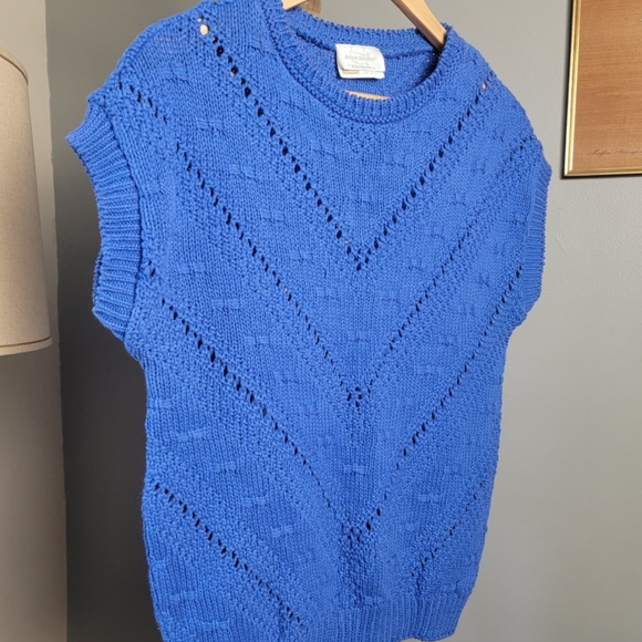 Womens 80s 90s Short Sleeve Knit Sweater Blue - Picture 5 of 9